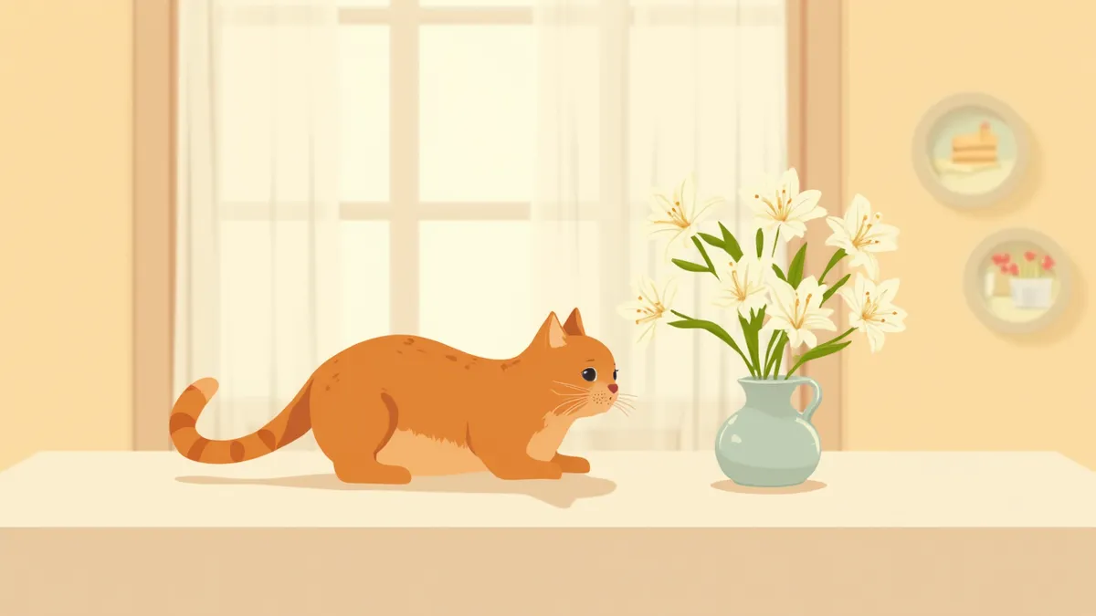 꽃병의 백합 냄새를 맡고 있는 고양이
