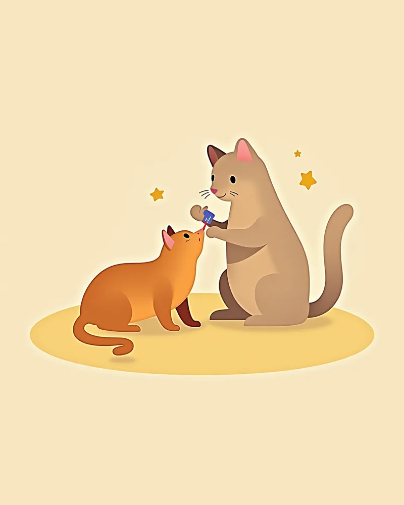 고양이 회충 치료를 위한 약물 투여 장면