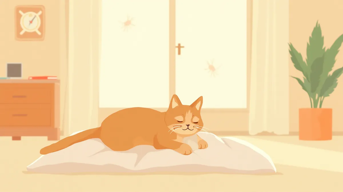 햇살 드는 거실에서 쉬고 있는 고양이와 감염 인식 일러스트
