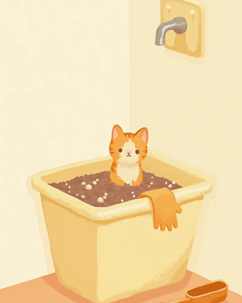 청결하게 관리된 고양이 화장실과 청소 도구