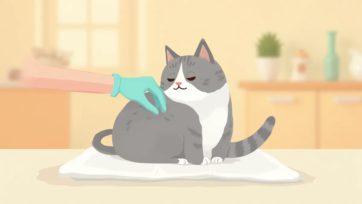 수의사 손에 차분히 검진을 받고 있는 회색 고양이