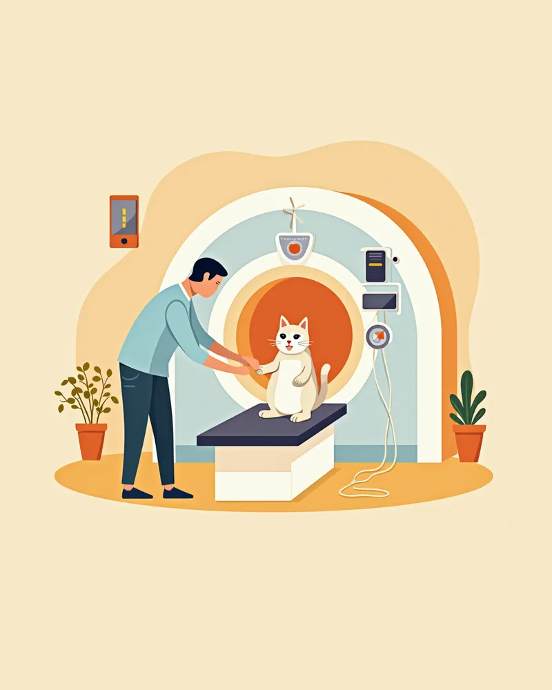 수의사가 고양이를 MRI 검사 전 준비하는 모습