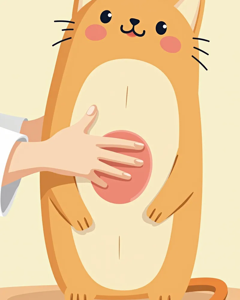 고양이의 복부가 부풀어 오른 모습과 수의사가 손으로 만지며 진찰하는 모습