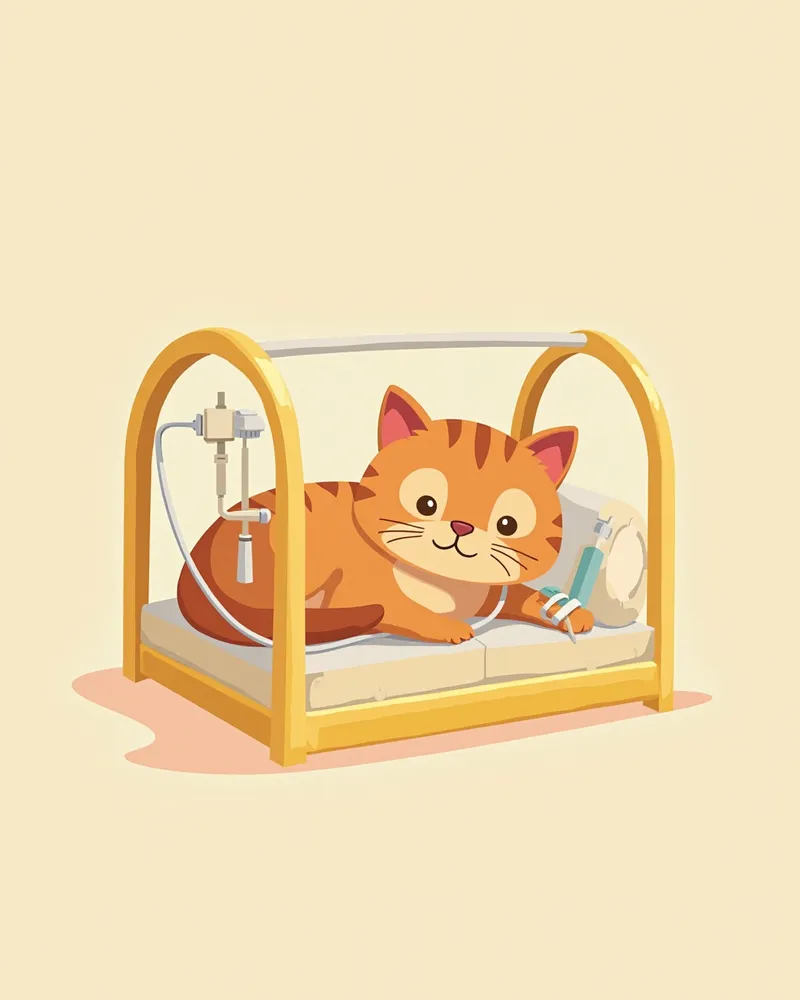 병원에서 회복 중인 고양이, 요로 카테터 연결 상태