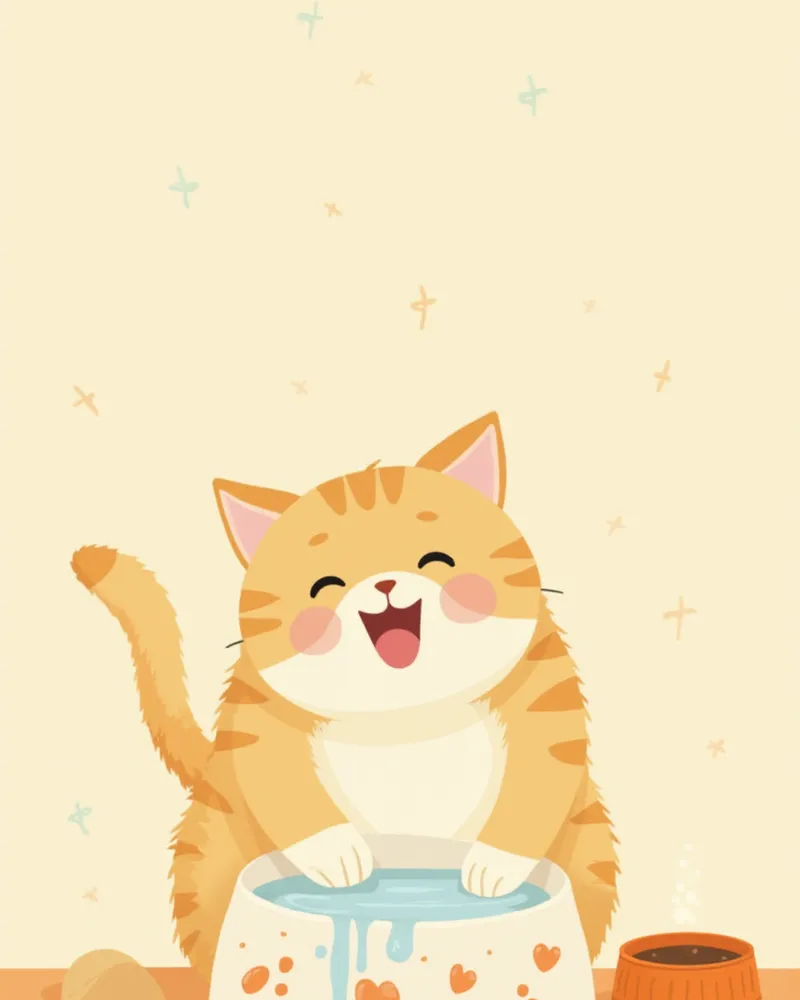 급수기에서 물을 마시는 건강한 고양이 일러스트