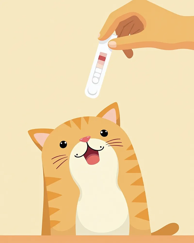 수의사가 고양이 소변 샘플에 테스트 스트립을 사용하는 모습