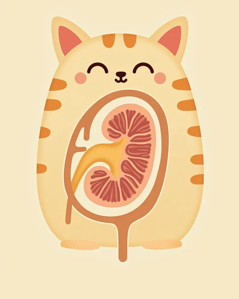 고양이 신장의 주요 구조를 보여주는 해부도
