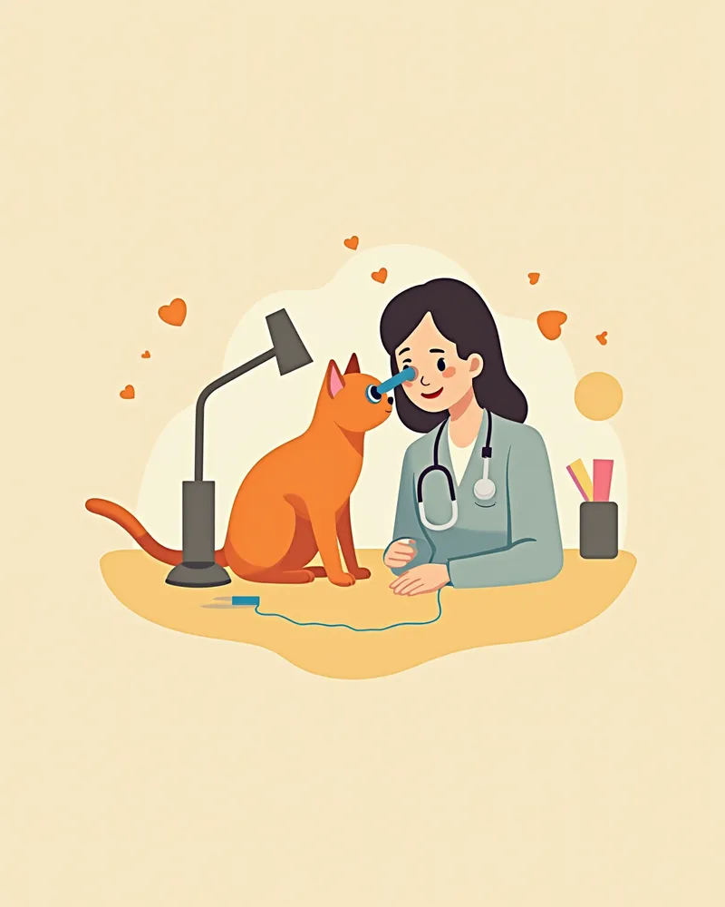 수의사가 슬릿 램프로 고양이 눈을 검사하는 모습