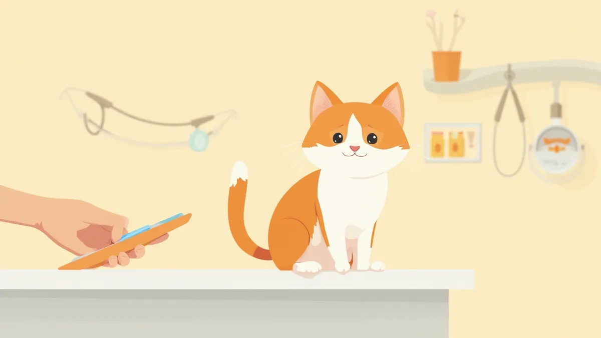 동물병원 진료대 위에 앉아 있는 고양이