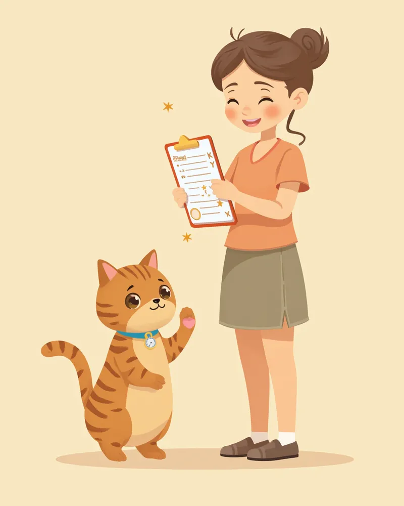 접종 기록을 관리하는 보호자와 건강한 고양이 일러스트