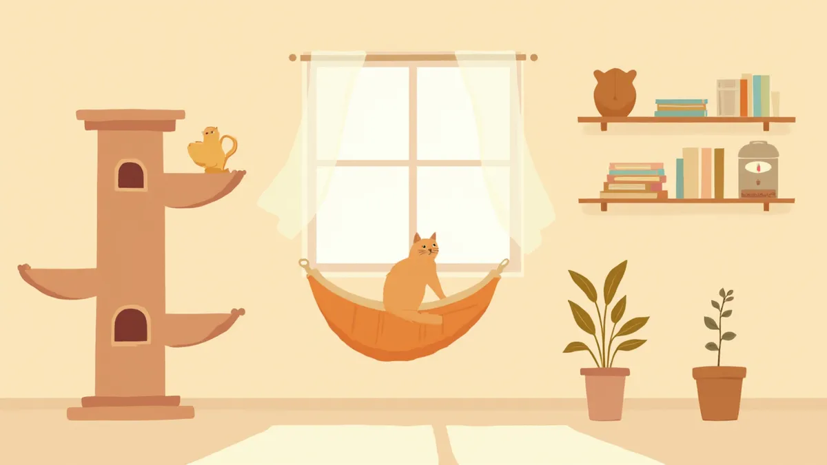 캣타워와 벽 선반, 창가 해먹이 동선으로 연결된 고양이 실내 환경