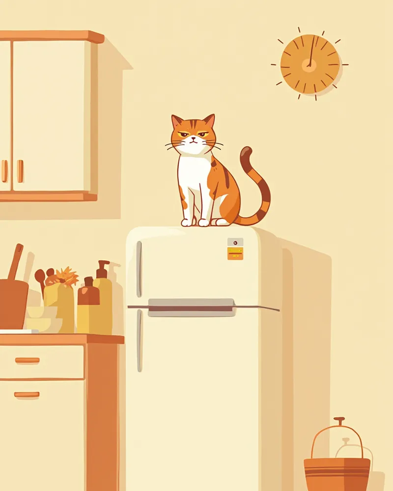 냉장고 위에 올라가 아래를 경계하듯 내려다보는 고양이