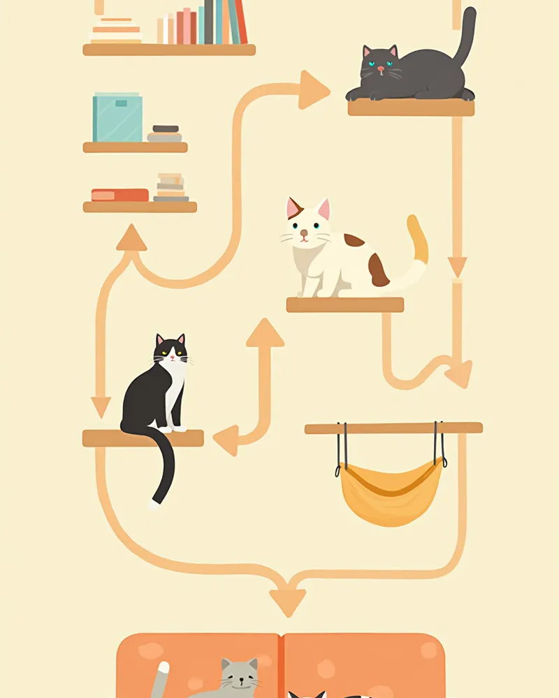 소파에서 캣타워·벽 선반·창가 해먹까지 이어지는 고양이 이동 동선 도식