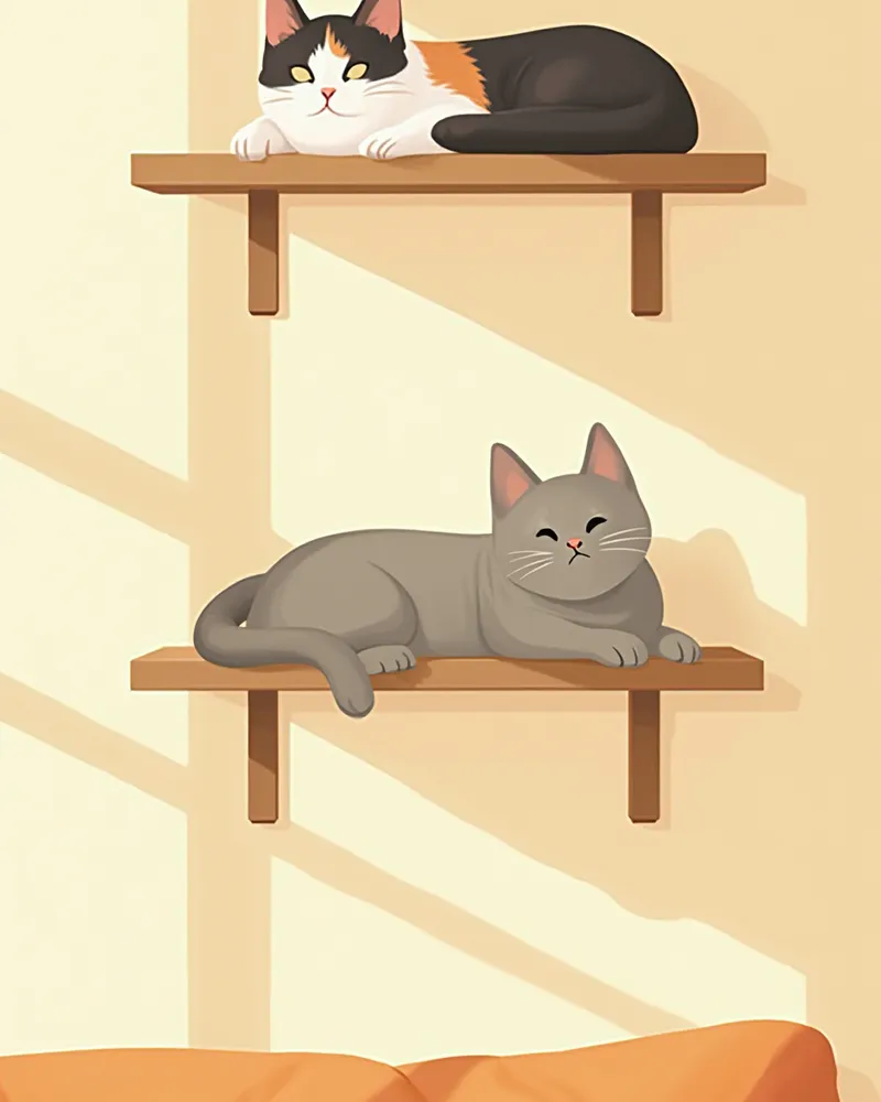 벽 선반의 서로 다른 높이에 각자 자리잡고 쉬는 두 마리 고양이