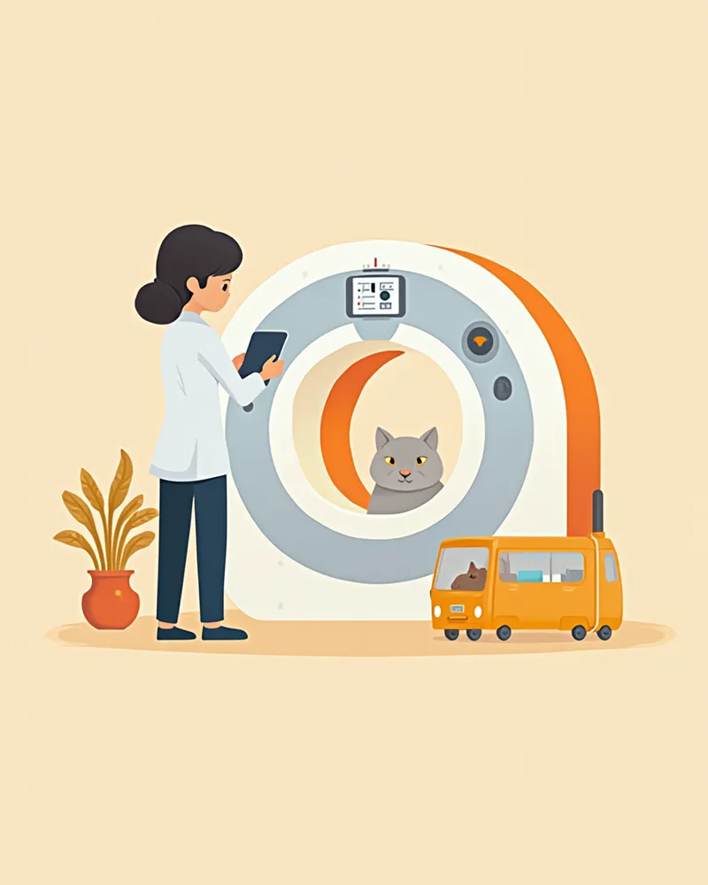 MRI 결과를 확인하는 수의사와 고양이