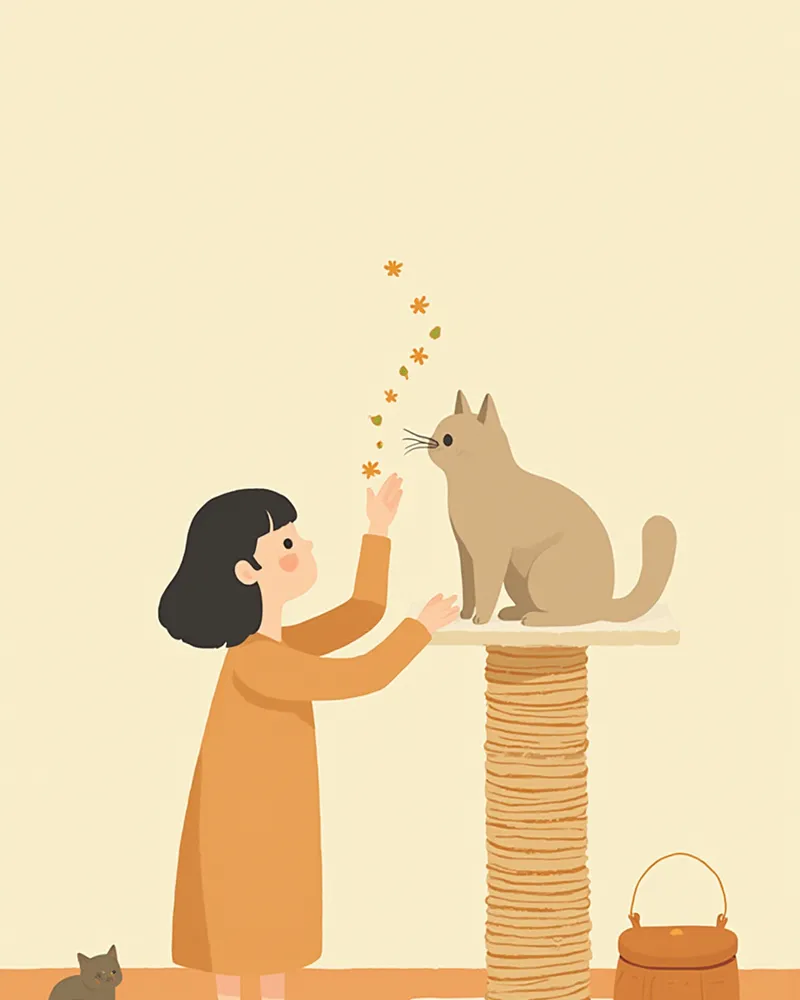 스크래쳐에 캣닙을 뿌리는 모습