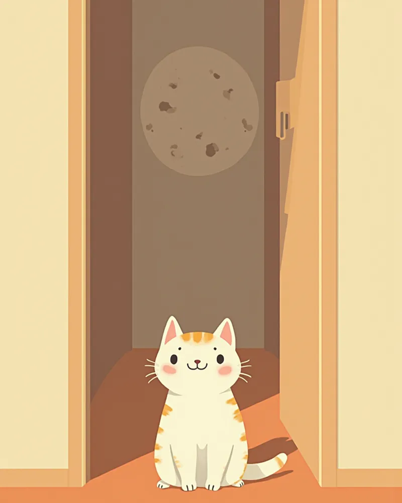 밤에 복도에서 멍하니 앉아 있는 노령 고양이