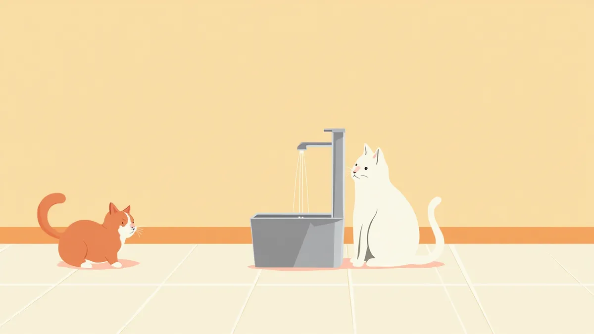 주방에 놓인 고양이용 스테인리스 분수와 호기심을 보이는 고양이