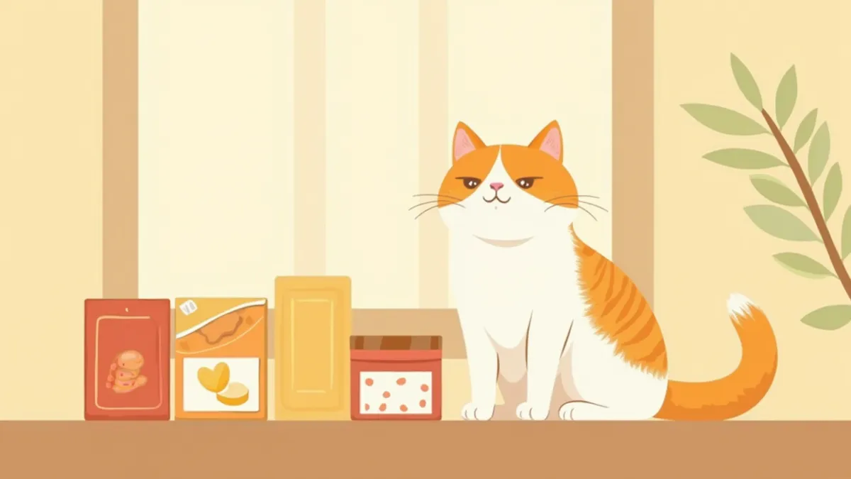 다양한 습식 사료 파우치와 캔 옆에 앉아있는 고양이