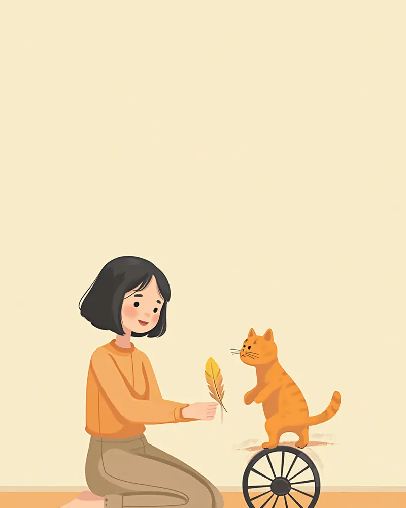 장난감으로 캣휠 적응 훈련 중인 보호자와 고양이