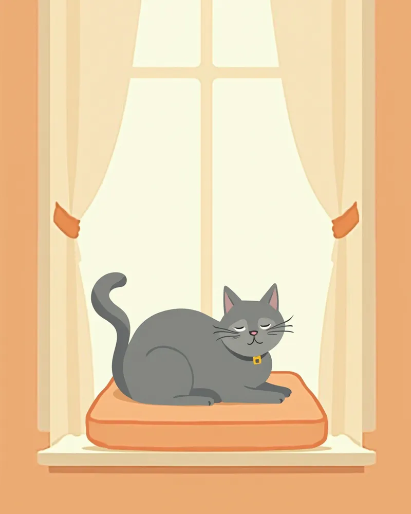 부드러운 햇빛 아래 창가에서 쉬는 고양이