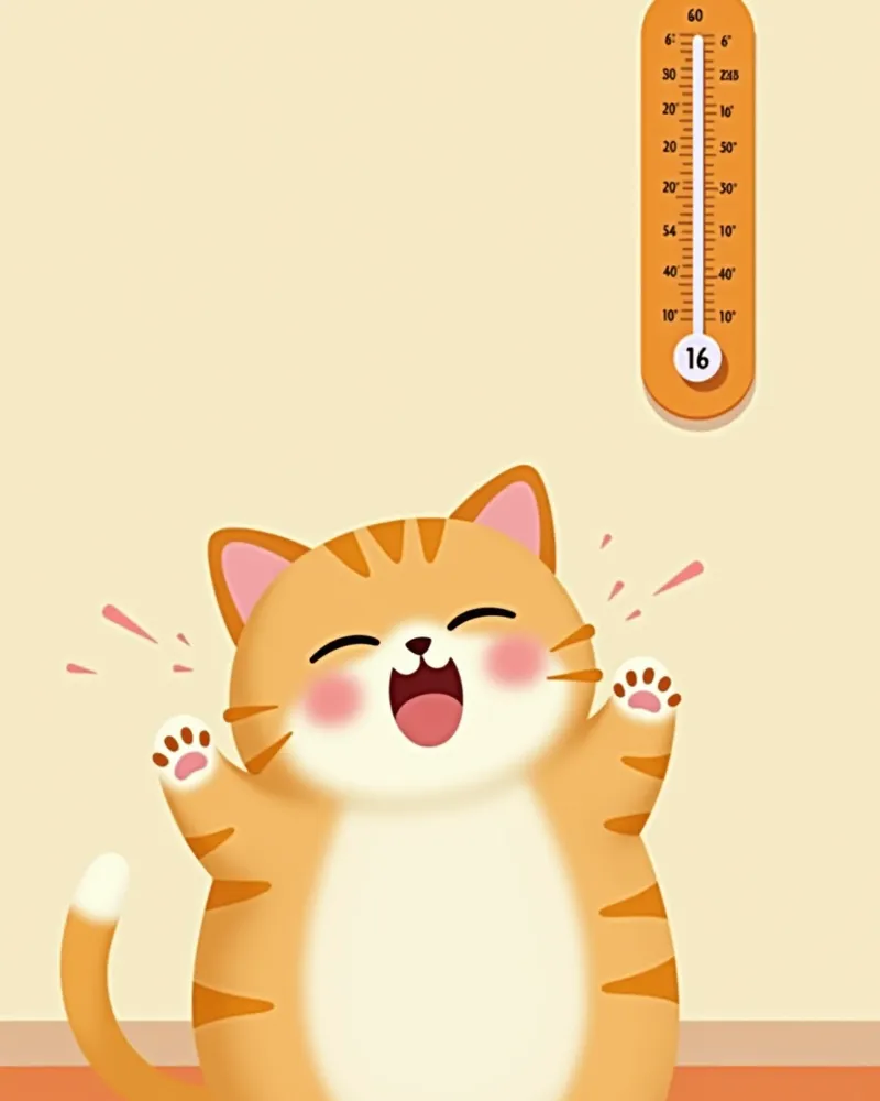 짧은 털 고양이가 차가운 실내에서 떨고 있는 모습