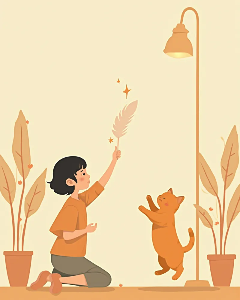 낚싯대 장난감으로 고양이와 노는 보호자