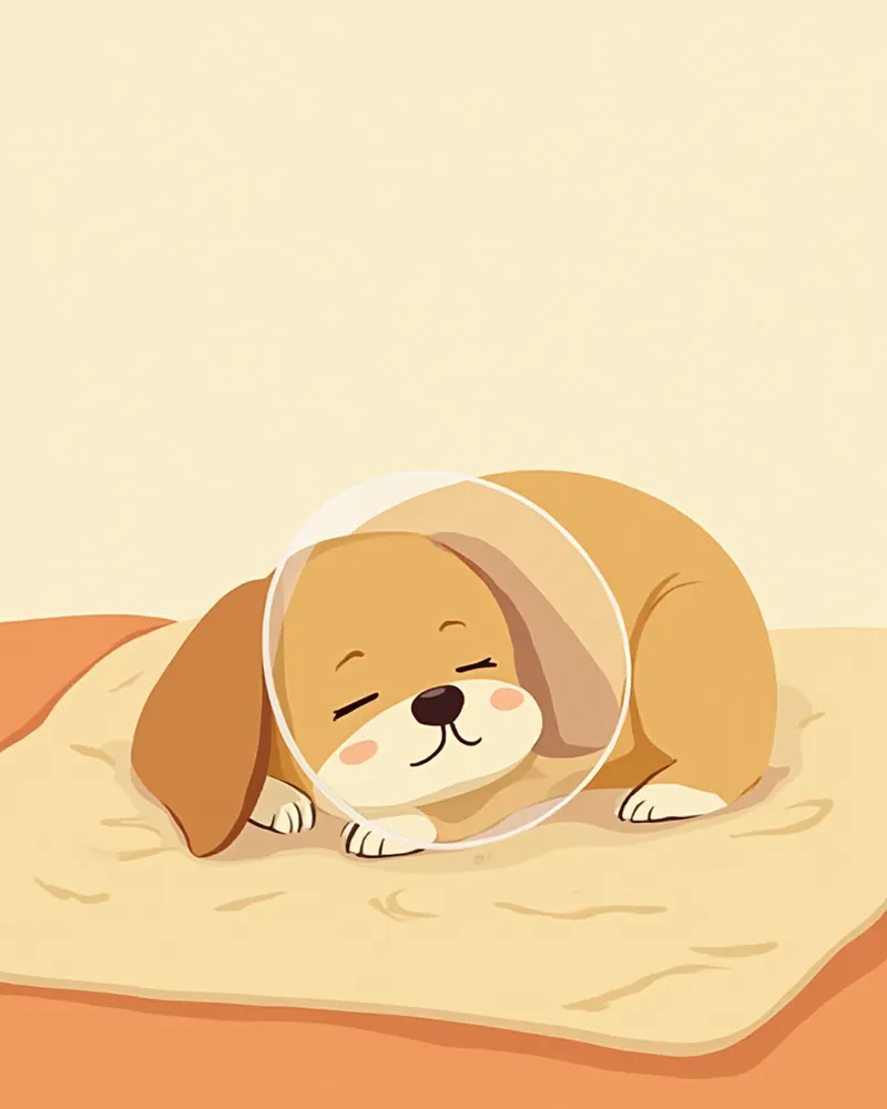 수술 후 넥칼라를 착용하고 회복 중인 강아지