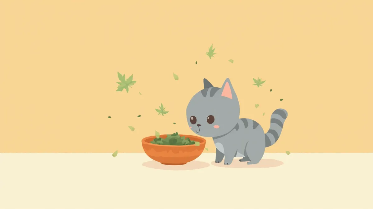 작은 그릇에 담긴 말린 캣잎 냄새를 맡는 회색 고양이