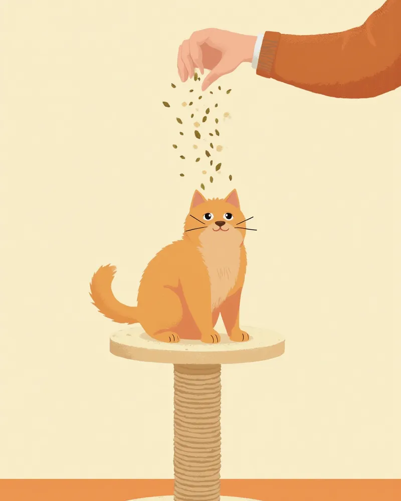 스크래처에 캣잎을 뿌려주는 장면