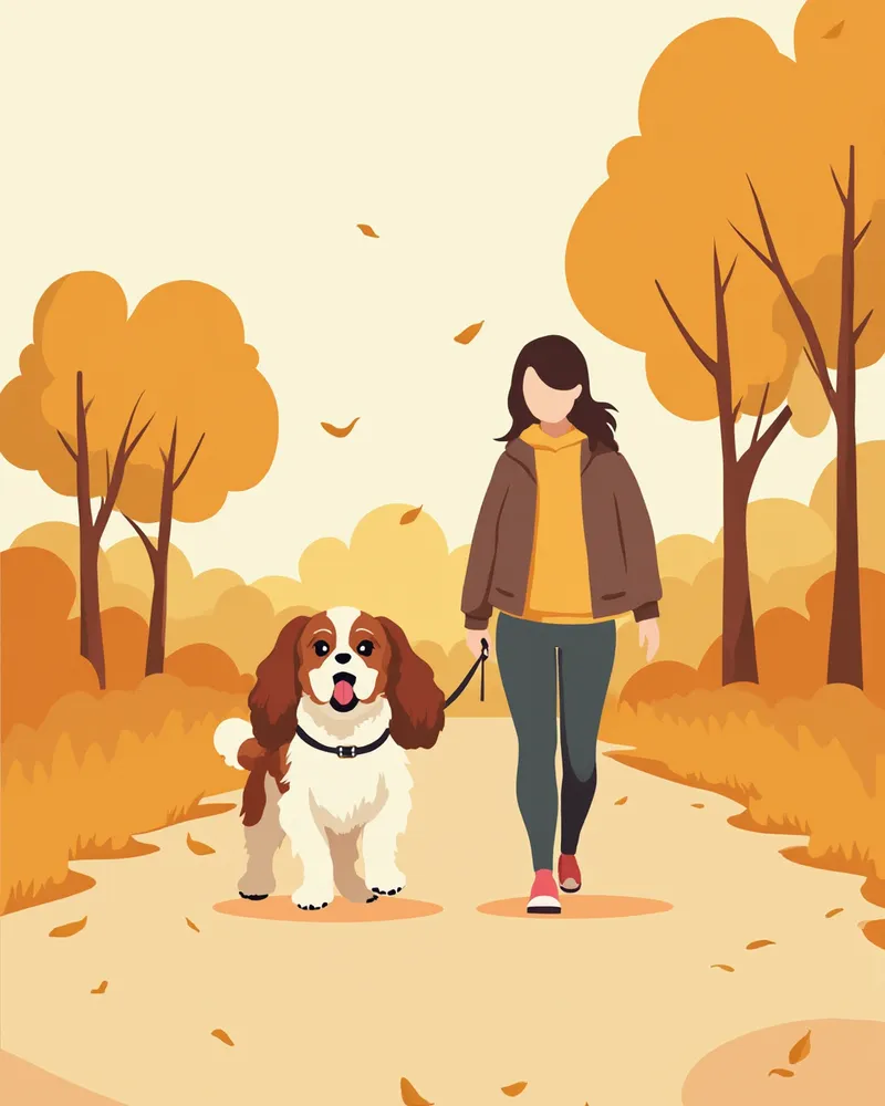 캐벌리어가 보호자와 함께 산책하는 모습