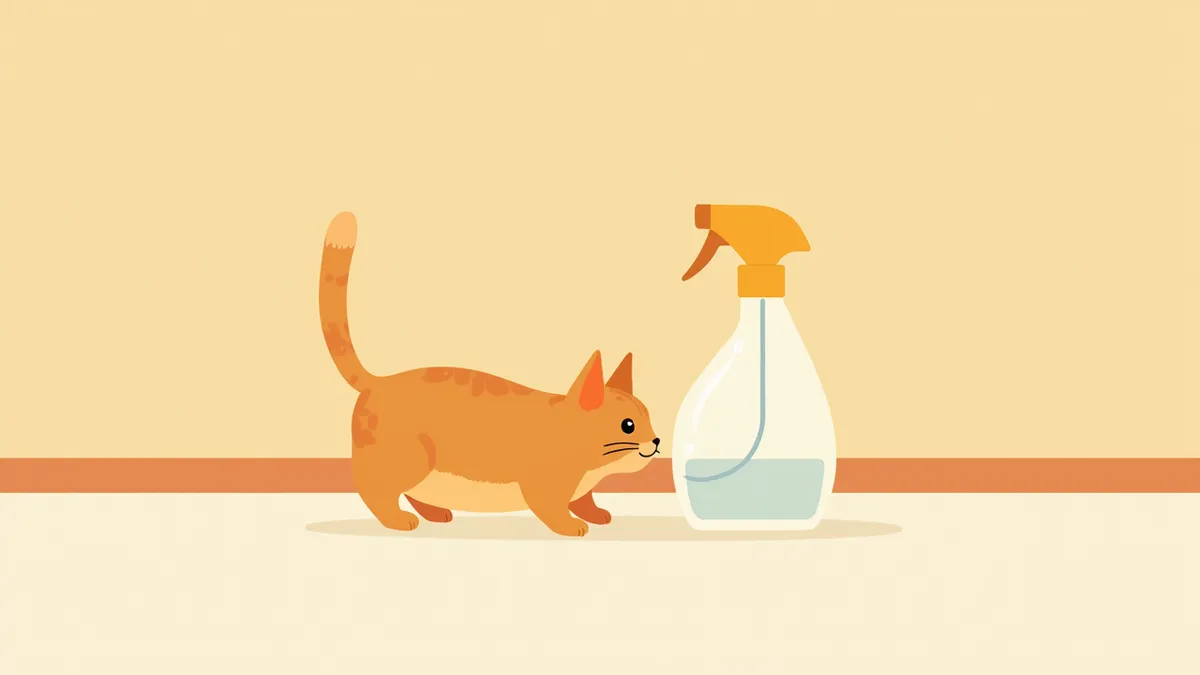 주방 바닥에서 세제 병에 관심을 보이는 고양이