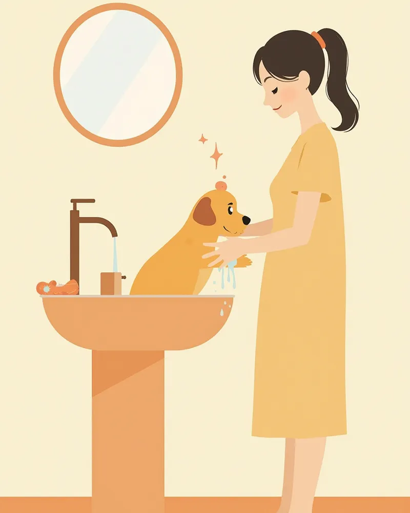 욕실에서 강아지의 발을 미지근한 물로 씻어주는 보호자