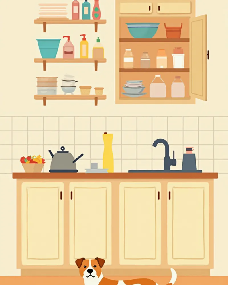 세제를 상부 수납장에 안전하게 보관한 주방과 편안히 쉬는 강아지