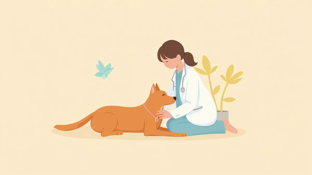 수의사가 항암 치료 중인 강아지를 부드럽게 진찰하는 모습