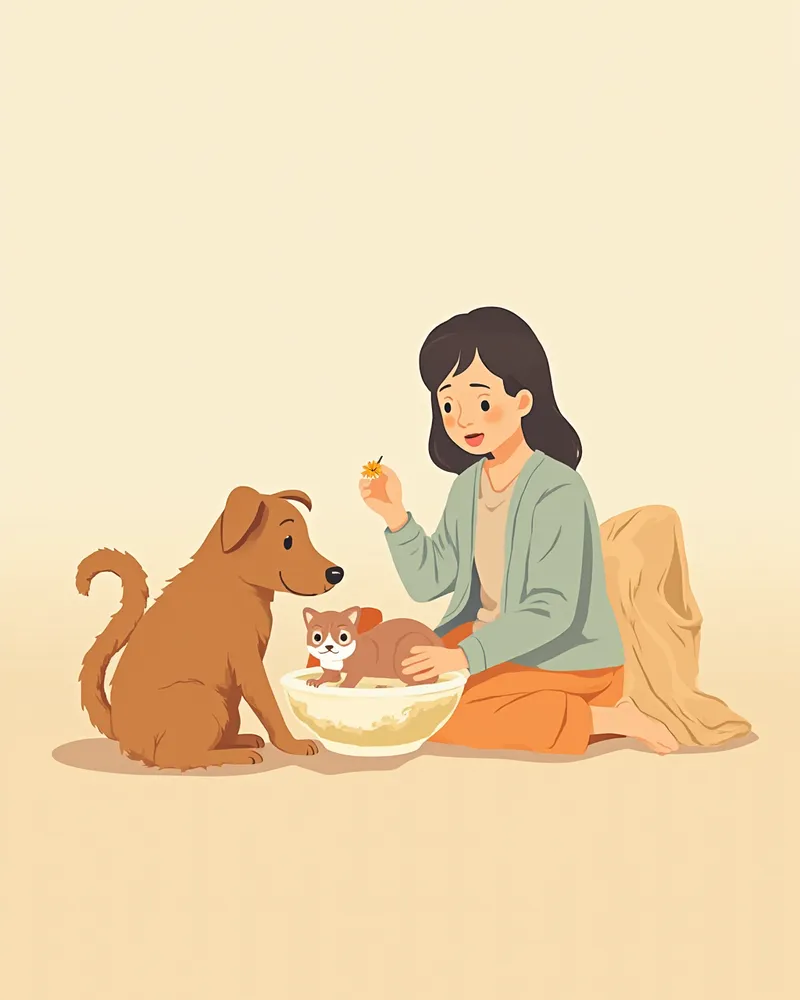 집에서 아픈 강아지와 고양이를 돌보는 보호자 일러스트