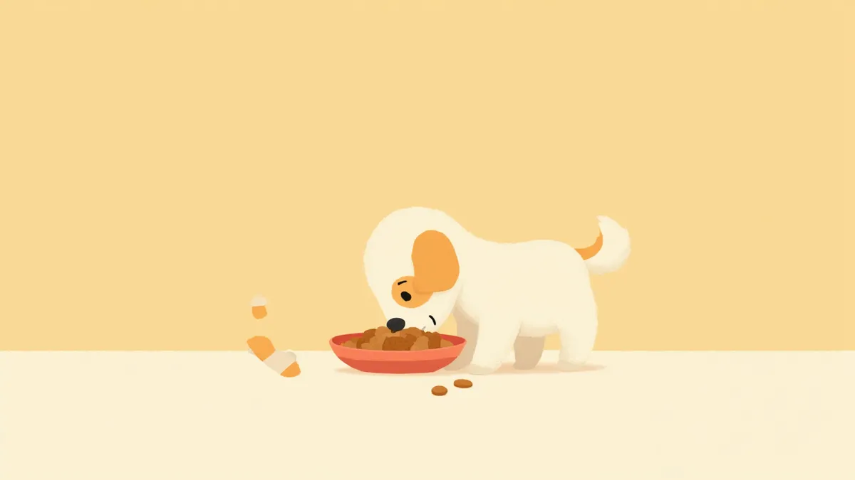 닭고기 사료 앞에 앉아있는 강아지