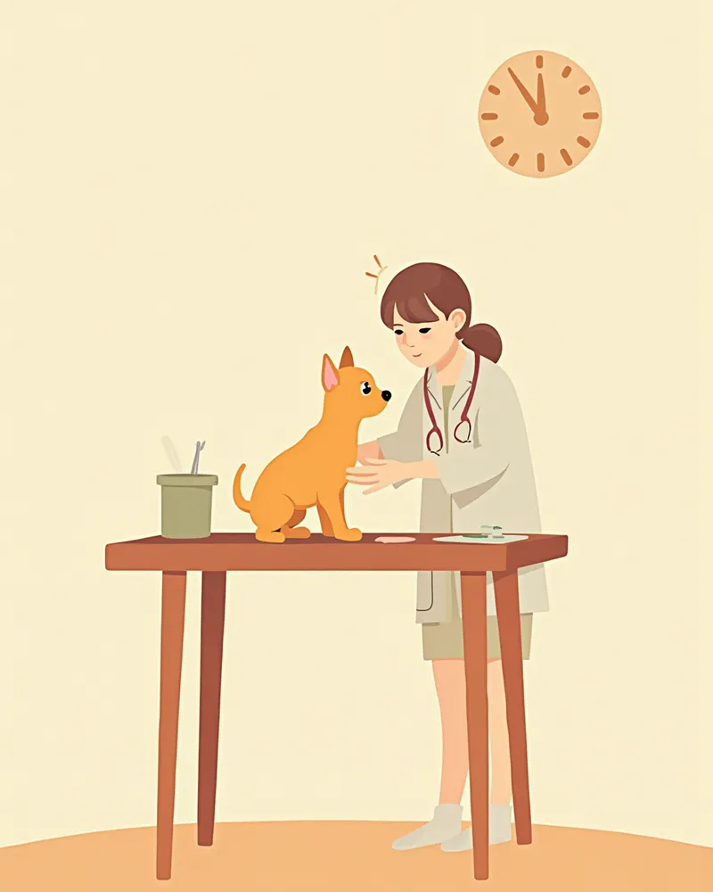 수의사가 어린 치와와의 무릎을 부드럽게 검사하는 모습