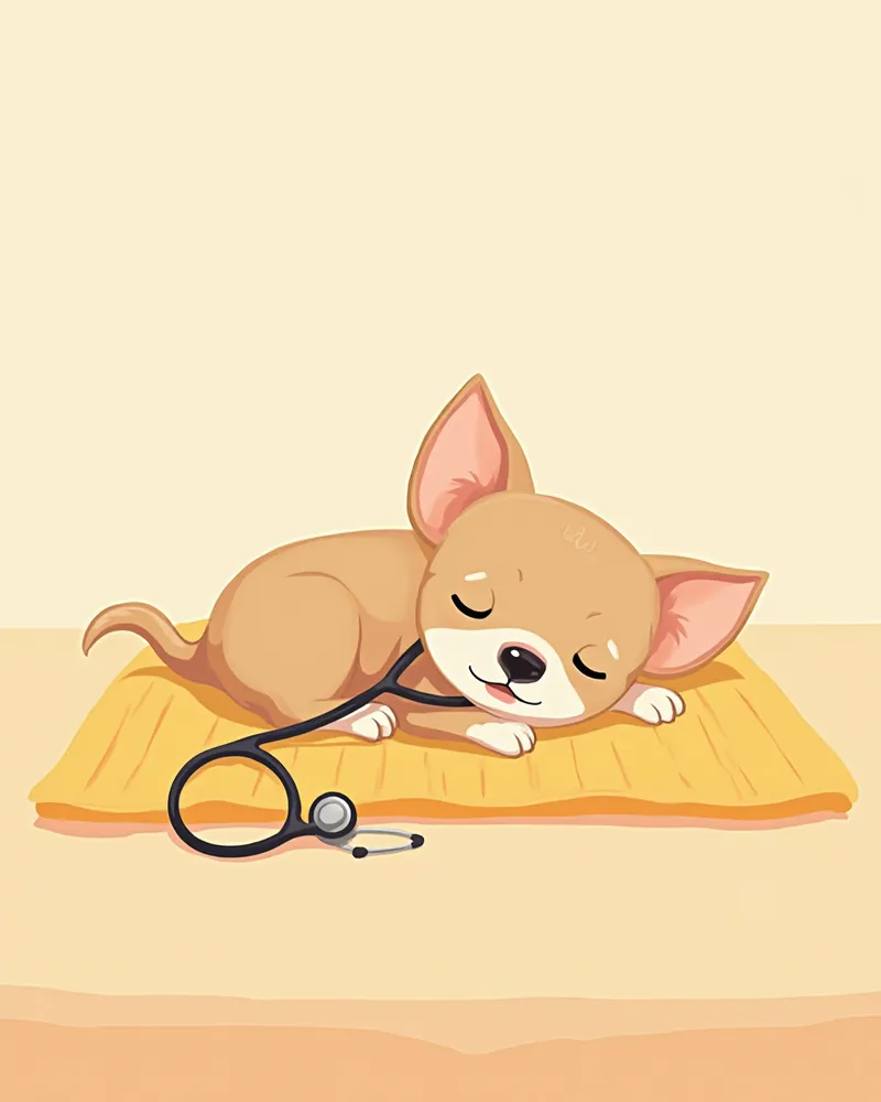 노령 치와와가 진료대에서 심장 청진을 받는 모습