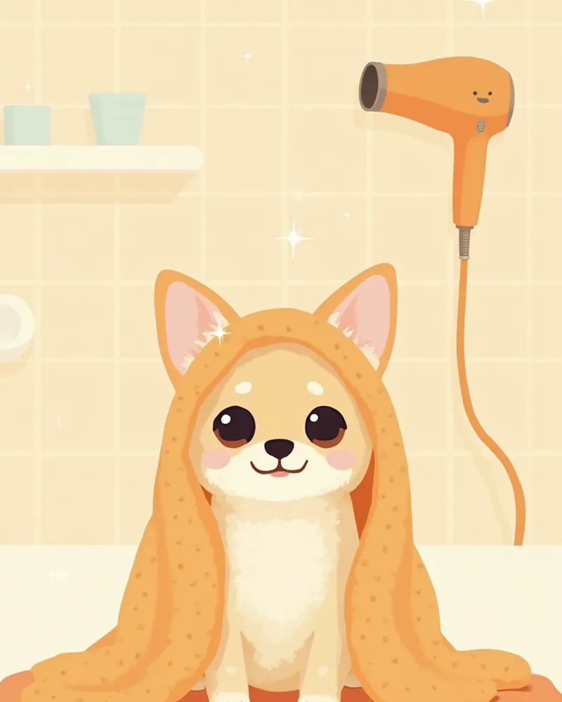 목욕 후 부드러운 수건에 감싸여 따뜻하게 보호받는 치와와