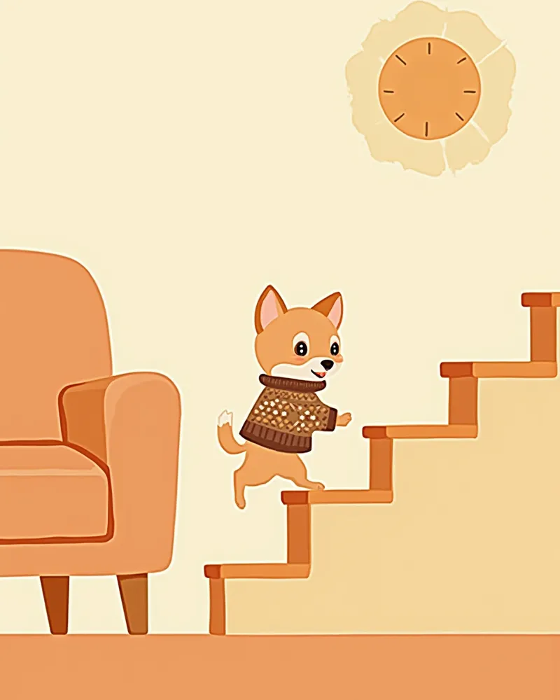 작은 옷을 입고 반려견 계단을 오르는 치와와