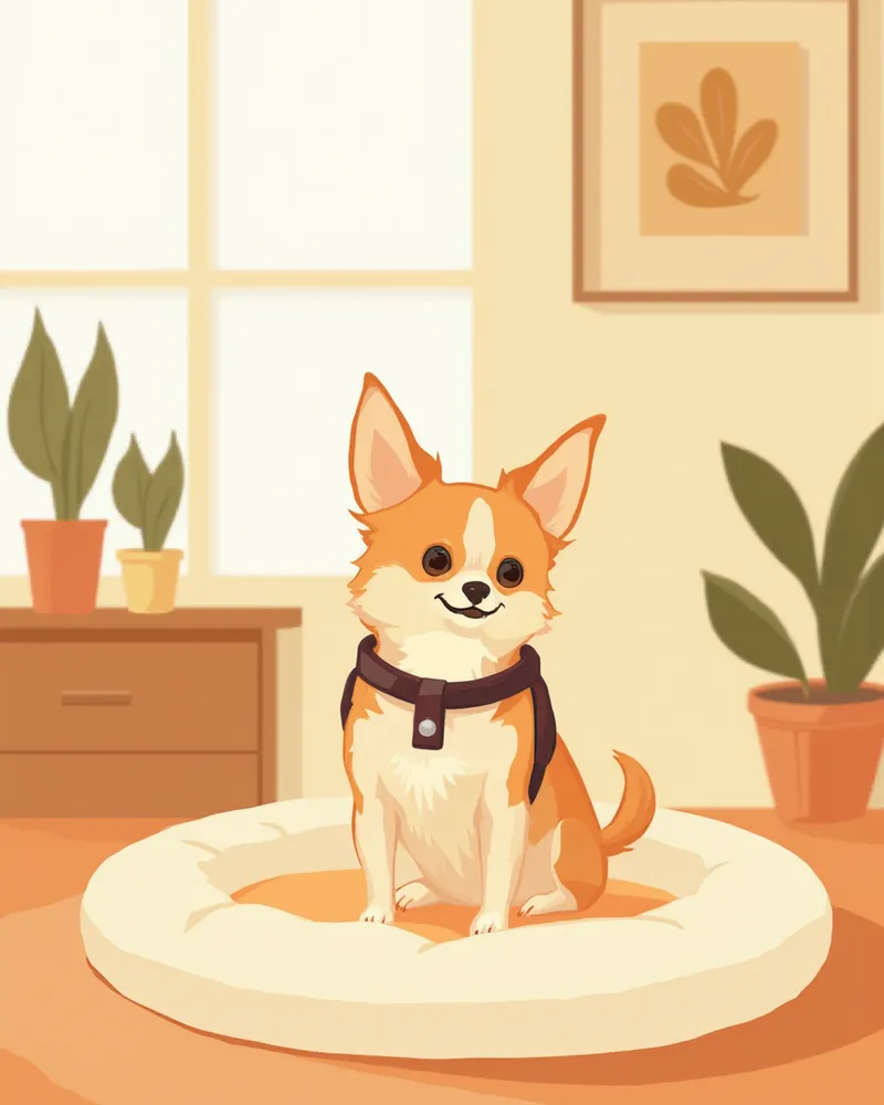 하네스를 착용하고 낮은 침대에서 보호자와 함께 있는 치와와