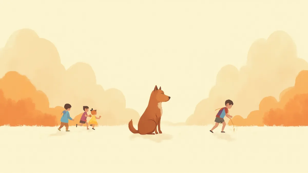 아이들을 멀리서 바라보는 강아지