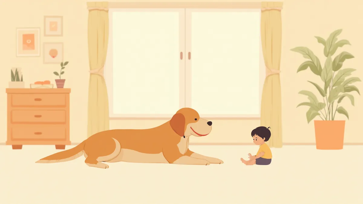 부모의 감독 아래 어린이와 강아지가 함께 거실에서 시간을 보내는 모습