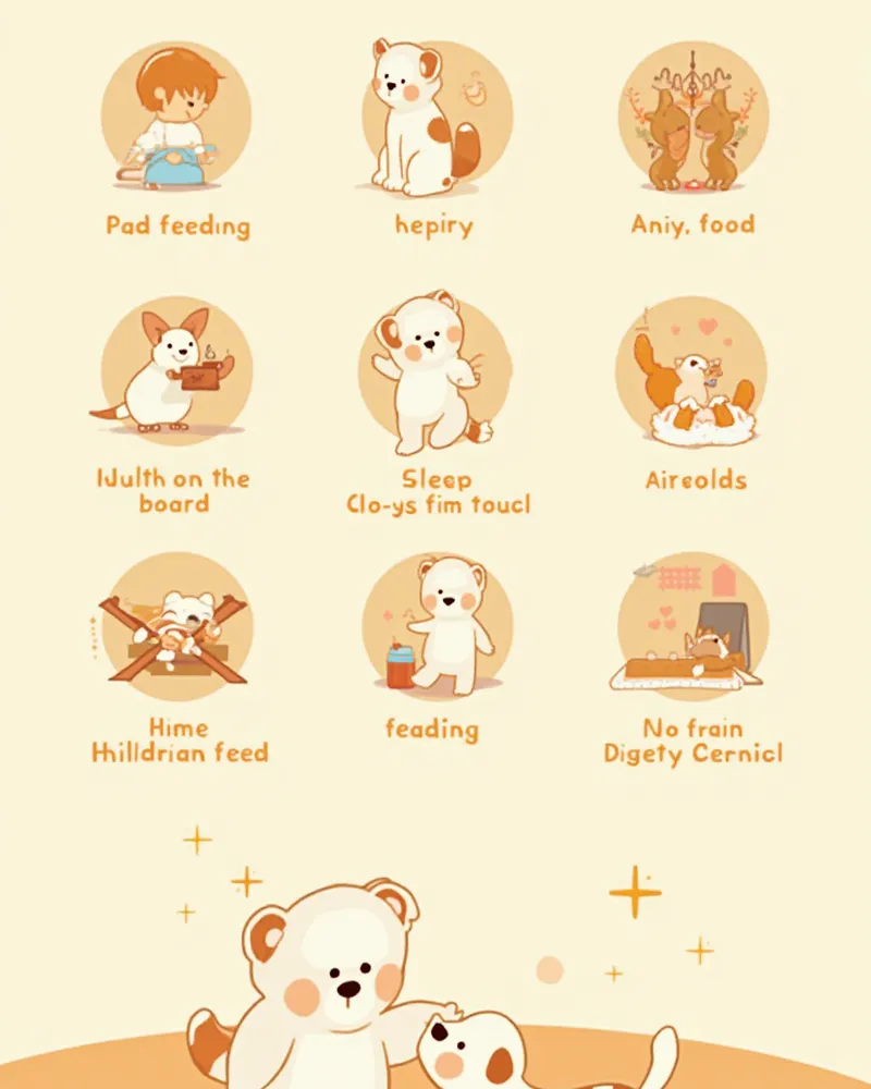 어린이가 반려동물과 지킬 안전 수칙 7가지를 보여주는 일러스트