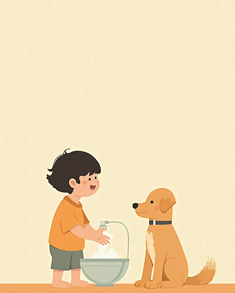 반려동물을 만진 후 손을 씻는 어린이 모습
