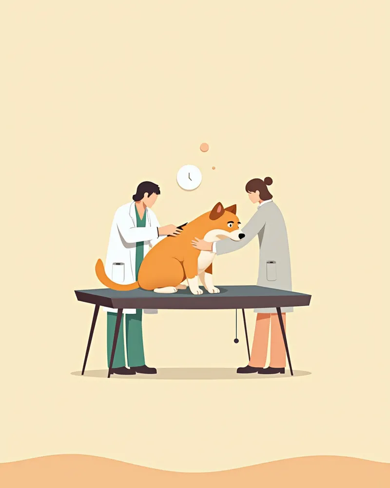 동물병원에서 진찰받는 불안해 보이는 소형견