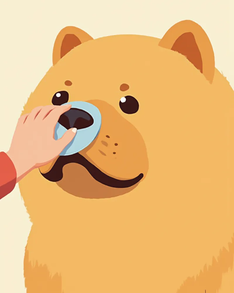 차우차우 얼굴 주름을 부드러운 천으로 닦아주는 모습