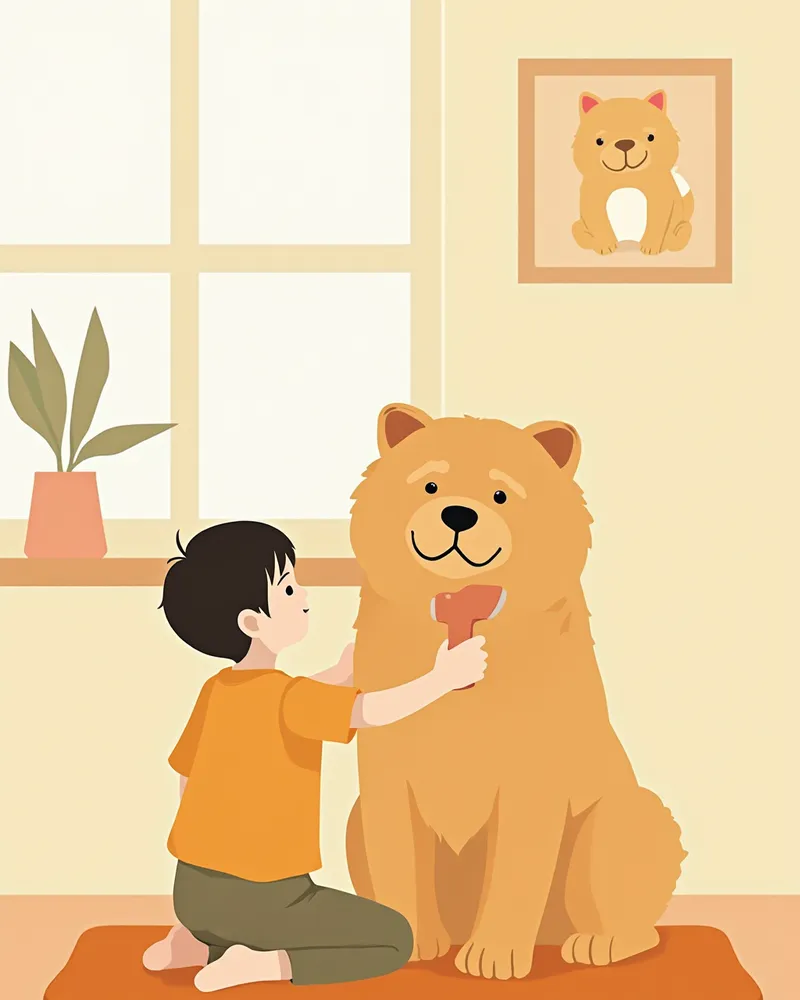 보호자가 차우차우 털을 빗겨주는 모습