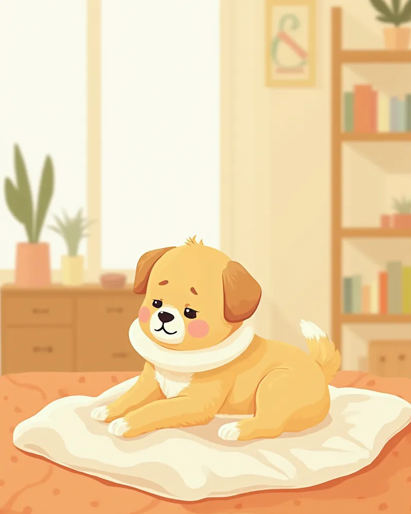 수술 후 회복 중인 넥카라 착용 강아지